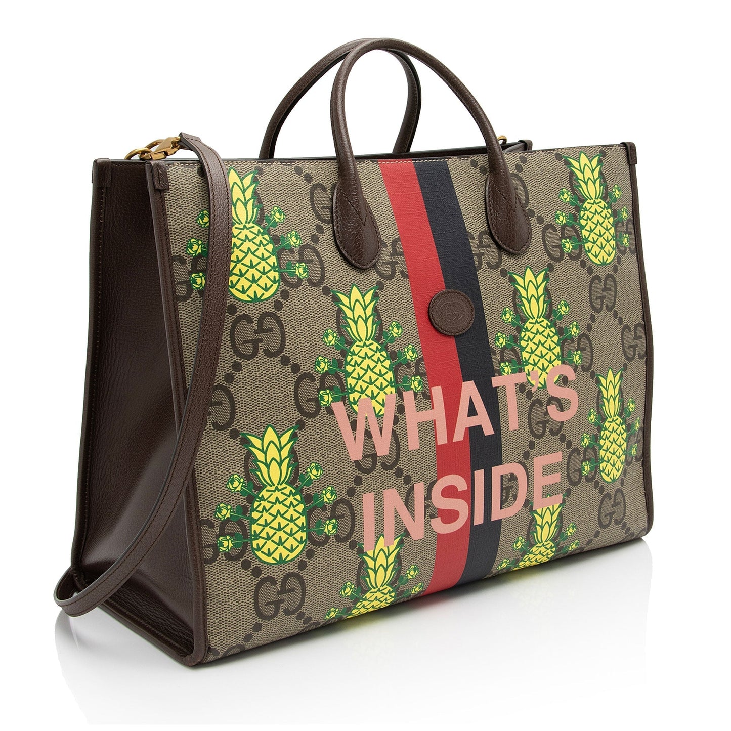Gucci Jumbo GG Supreme Dollar Pineapple Canvas Calfskin Brown Beige Tote Bag