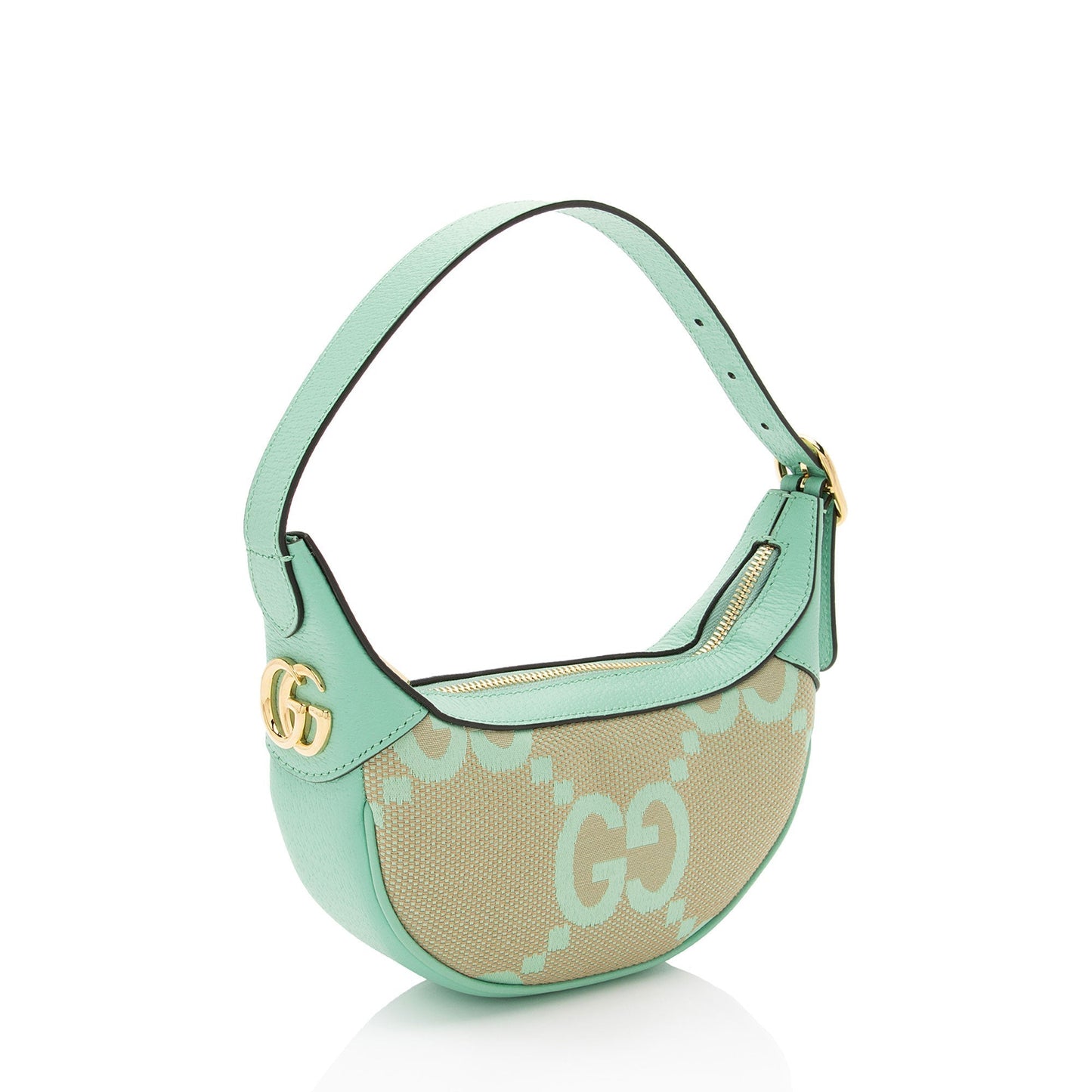 Gucci Jumbo GG Web Half Moon Leather Canvas Beige Green Shoulder Bag