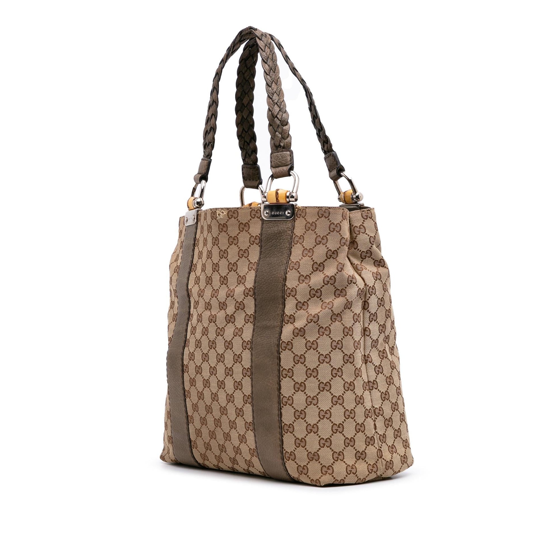 Gucci GG Bamboo Libeccio Canvas Calf Brown Large Tote Bag