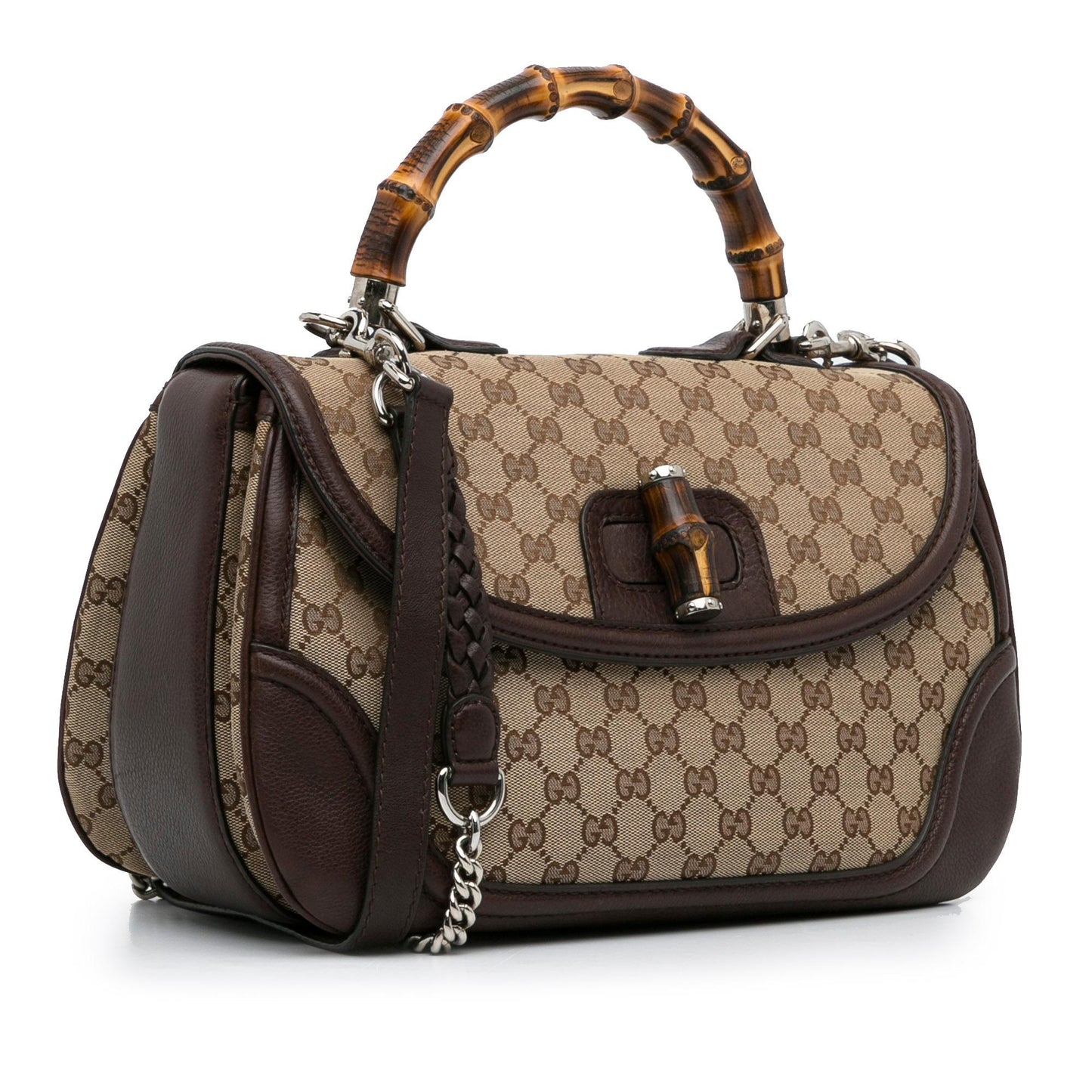 Gucci GG New Bamboo SHG-rWP7tz Canvas Calf Brown Large Satchel Bag
