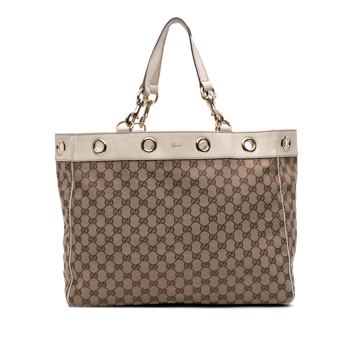 Gucci GG Positano Canvas Calf White Brown Tote Bag