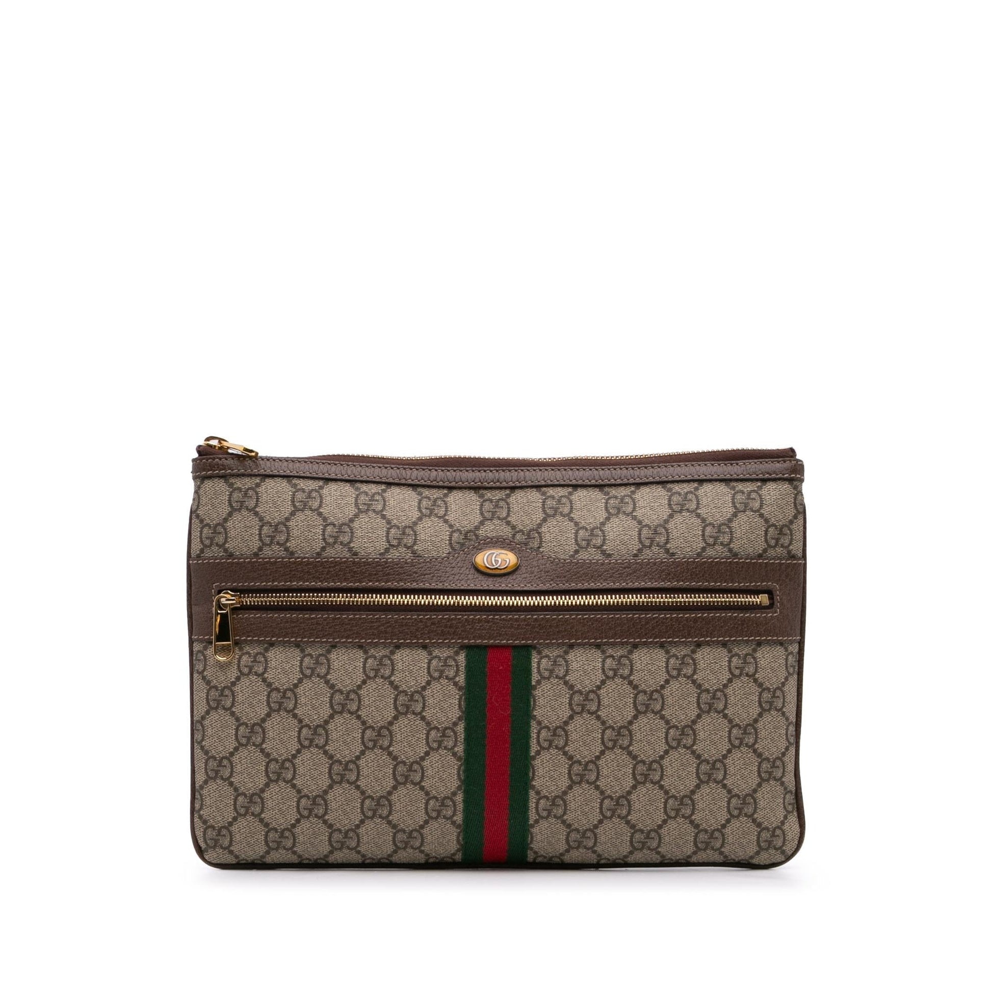 Gucci GG Supreme Ophidia Web Canvas Calf Brown Large Clutch Bag Web Clutch