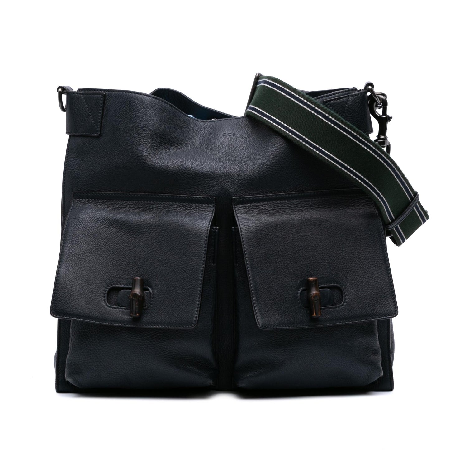 Gucci Bamboo Double Pocket Messenger Leather Large Shoulder Bag