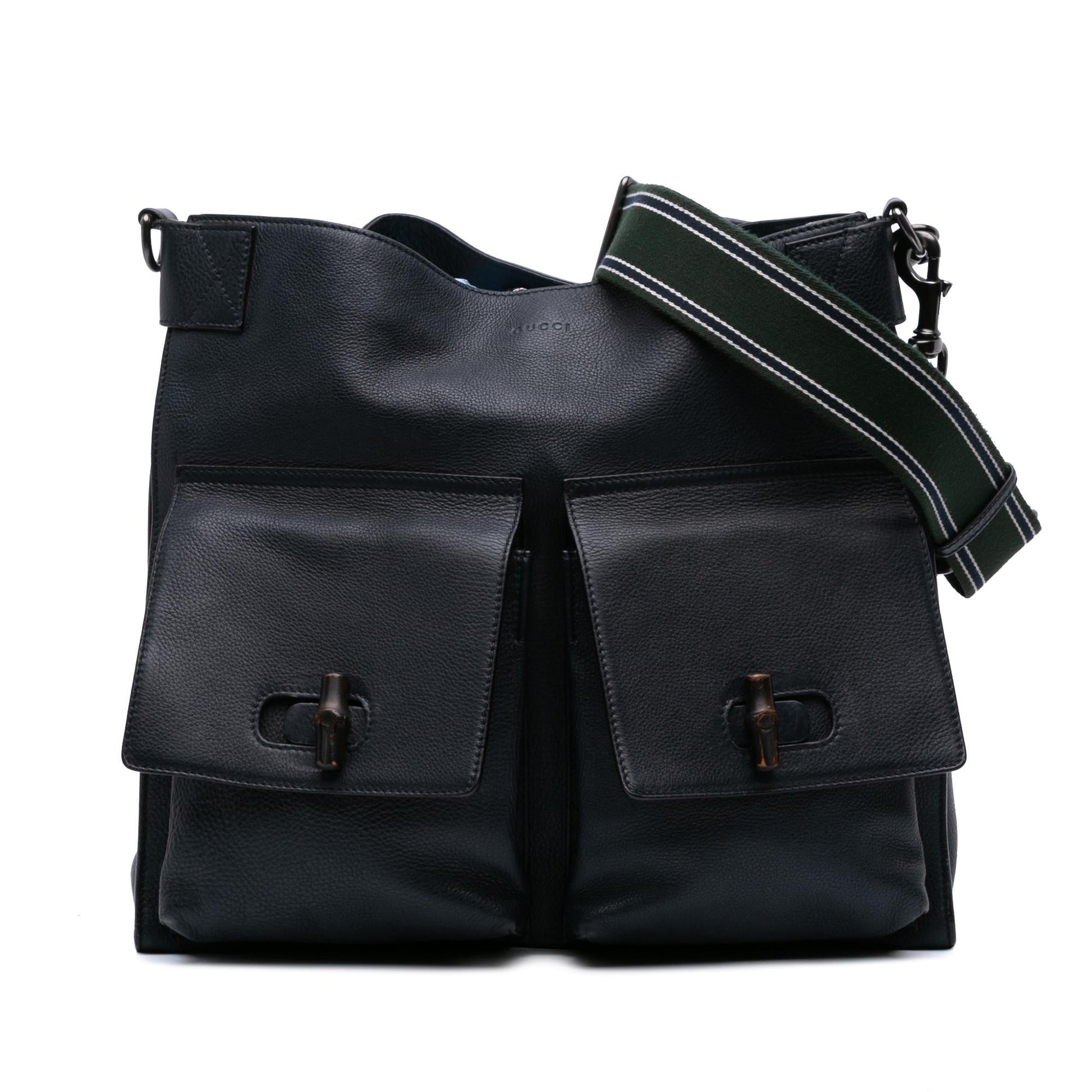 Gucci Bamboo Double Pocket Messenger Leather Large Shoulder Bag