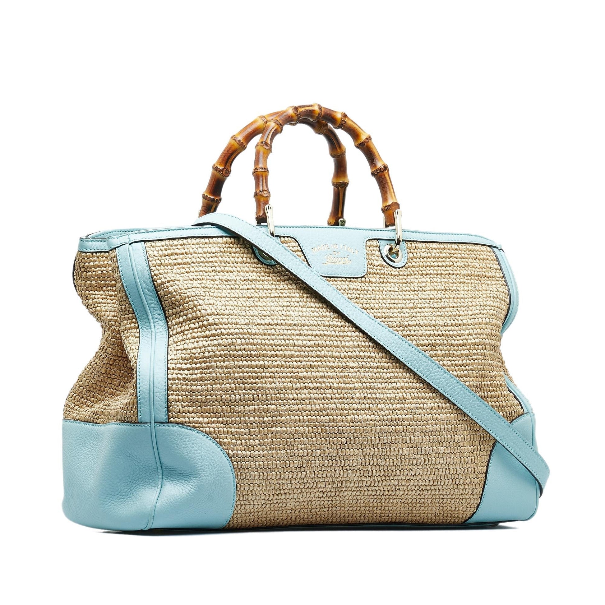 Gucci Bamboo Shopper SHG-wkXCkH Raffia Calf Brown Blue Satchel Bag