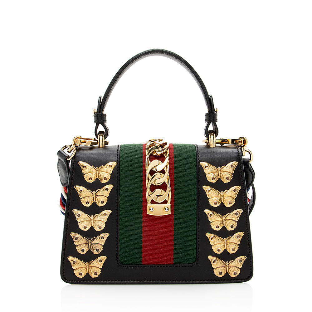 Gucci Animal Studs Sylvie SHF Leather Nylon Black Mini Satchel Bag