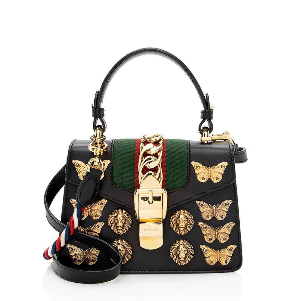 Gucci Animal Studs Sylvie SHF Leather Nylon Black Mini Satchel Bag