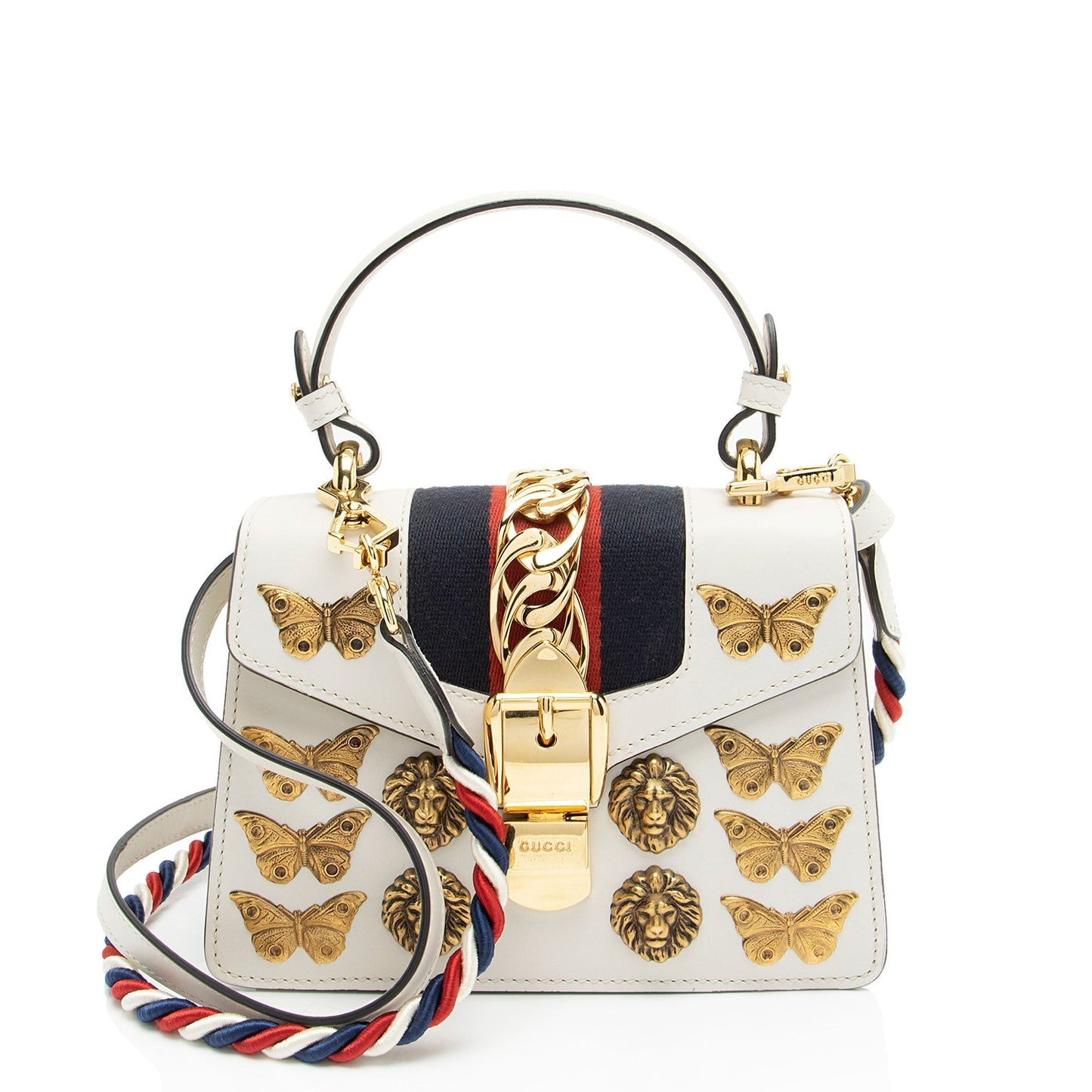 Gucci Animal Studs Sylvie Leather Nylon White Mini Satchel Bag
