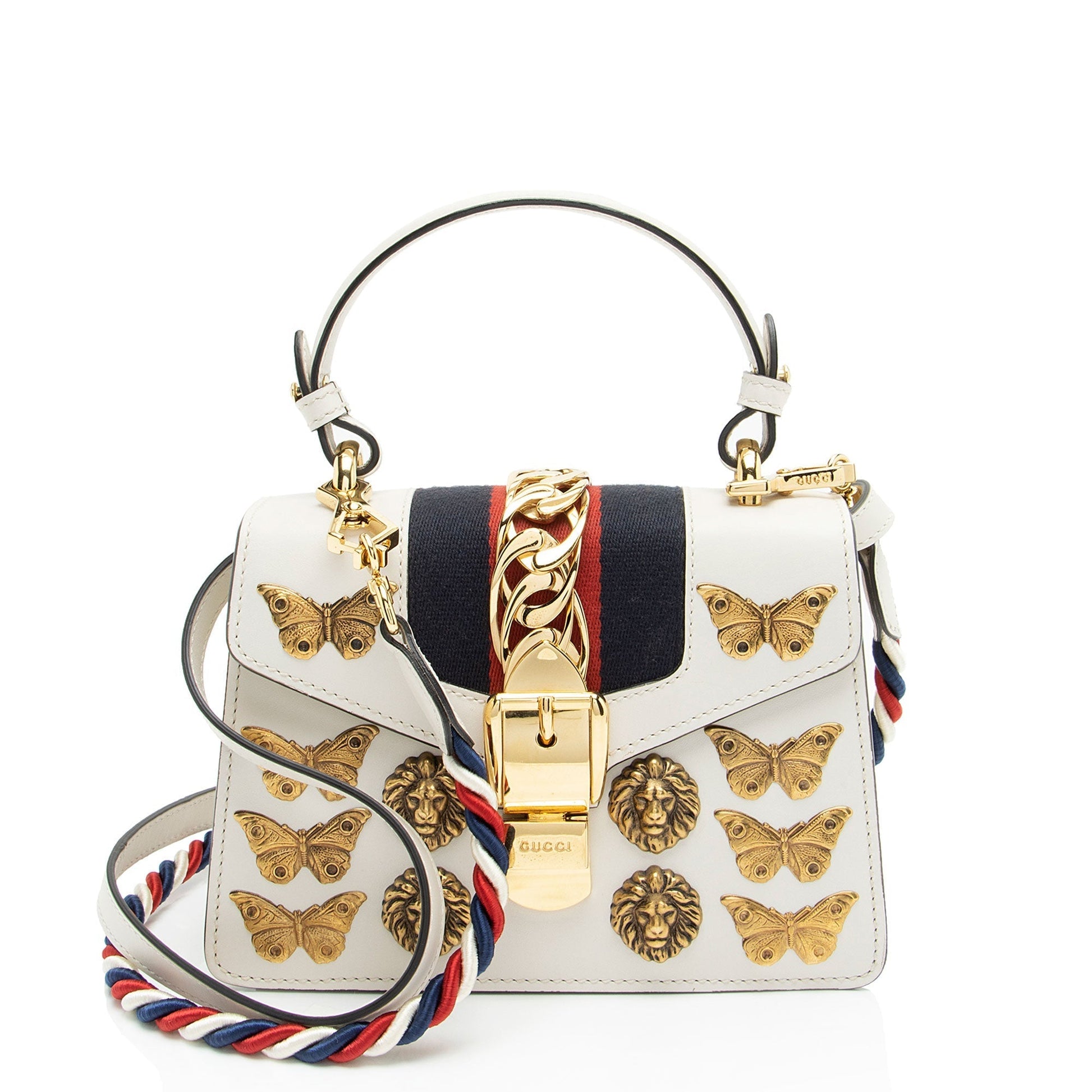Gucci Animal Studs Sylvie Leather Nylon White Mini Satchel Bag