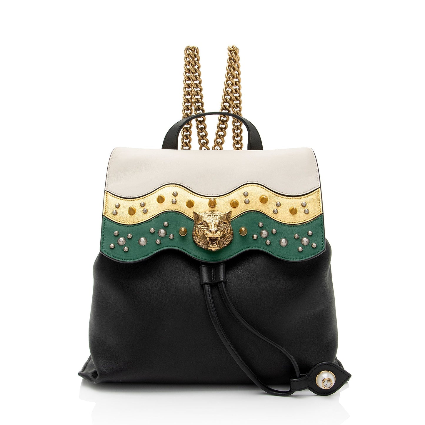 Gucci Animalier Malin Chain Backpack Leather Black Green Medium Shoulder Bag