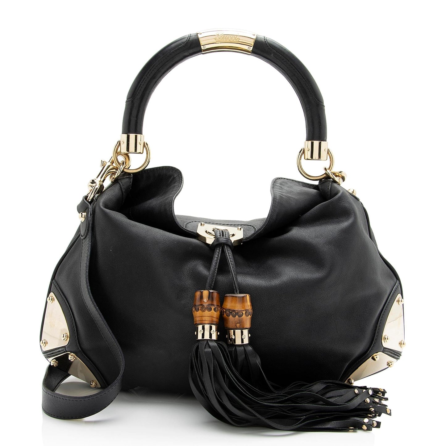 Gucci Bamboo Indy SHF Leather Black Medium Satchel Bag