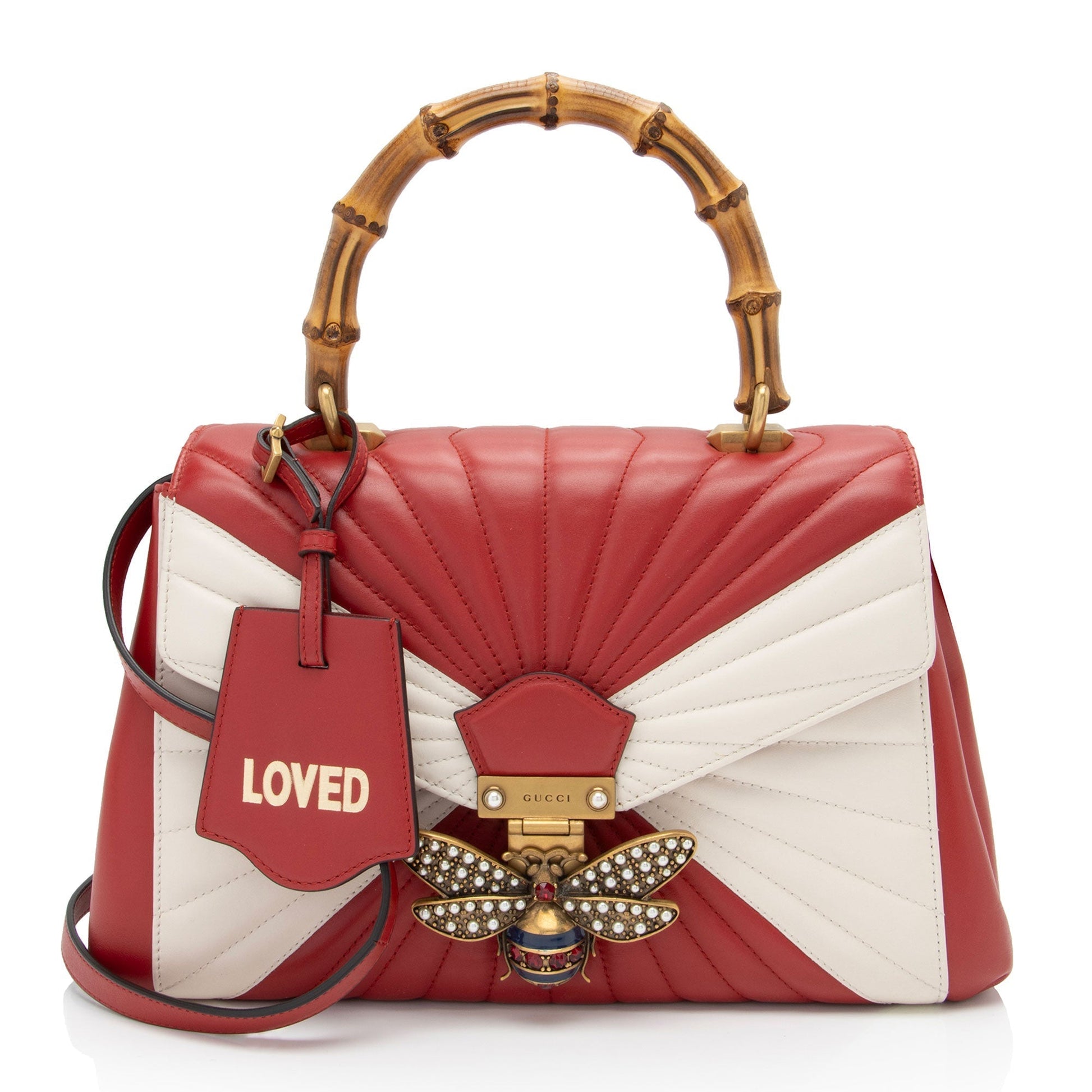 Gucci Bamboo Queen Margaret SHF-CF7LJ0 Leather White Red Top Handle Satchel Bag
