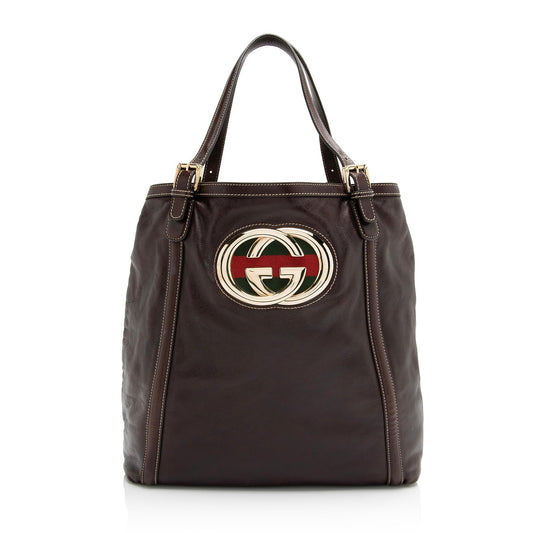 Gucci Britt SHF Leather Nylon Brown Large Tote Bag