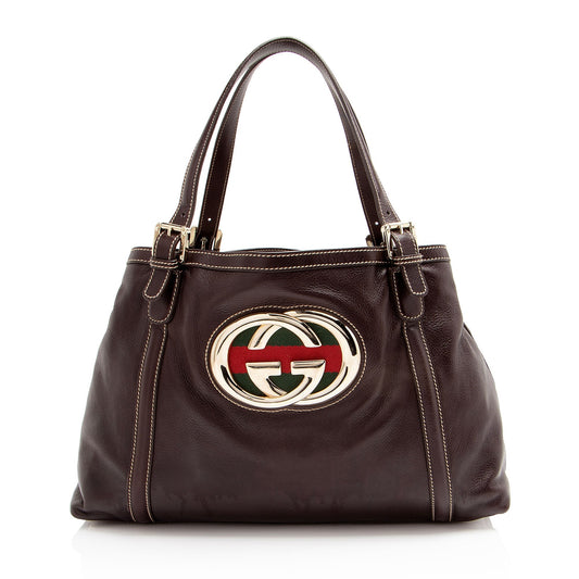 Gucci Britt Leather Nylon Brown Medium Tote Bag