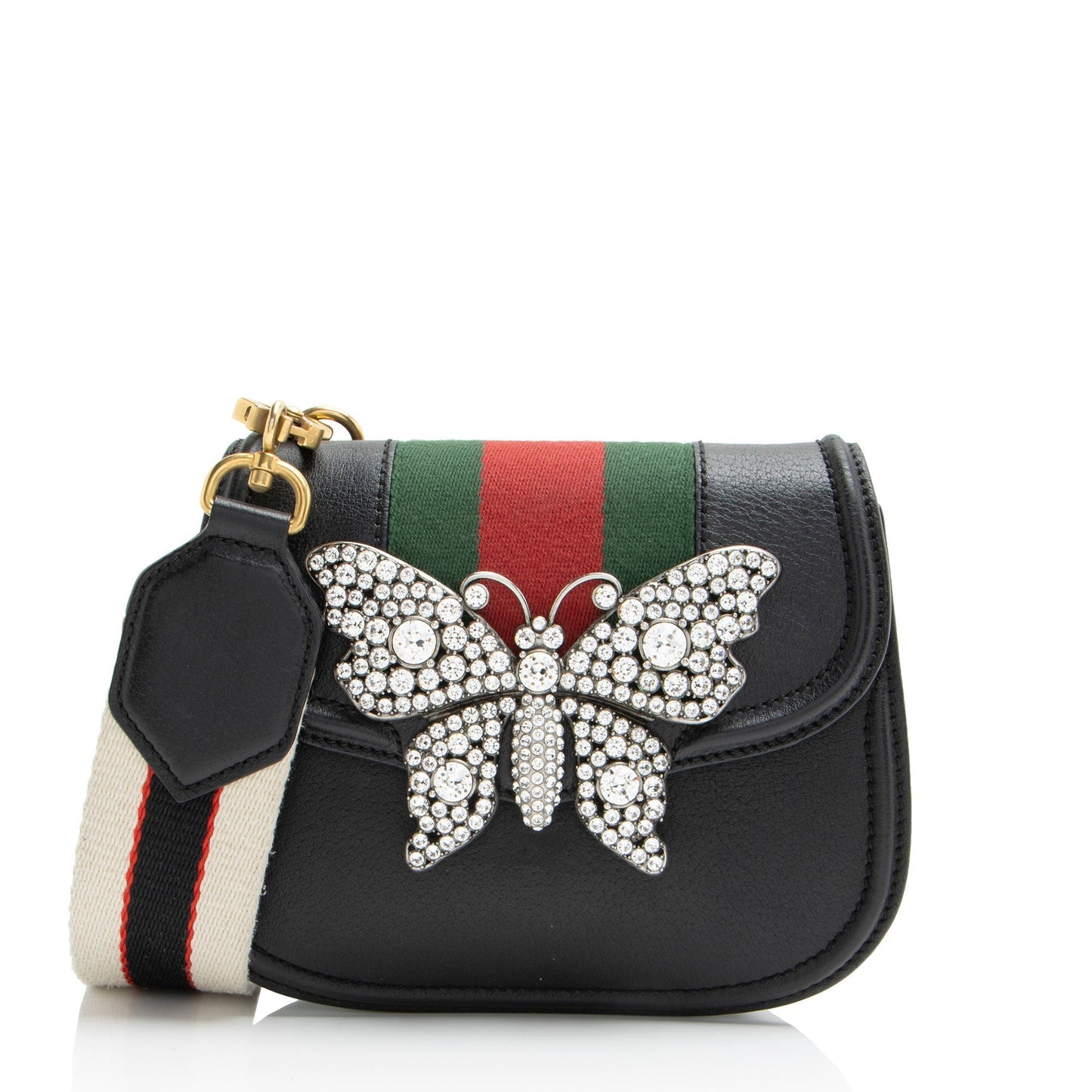 Gucci Crystal Butterfly Linea Totem Leather Nylon Black Small Crossbody Bag