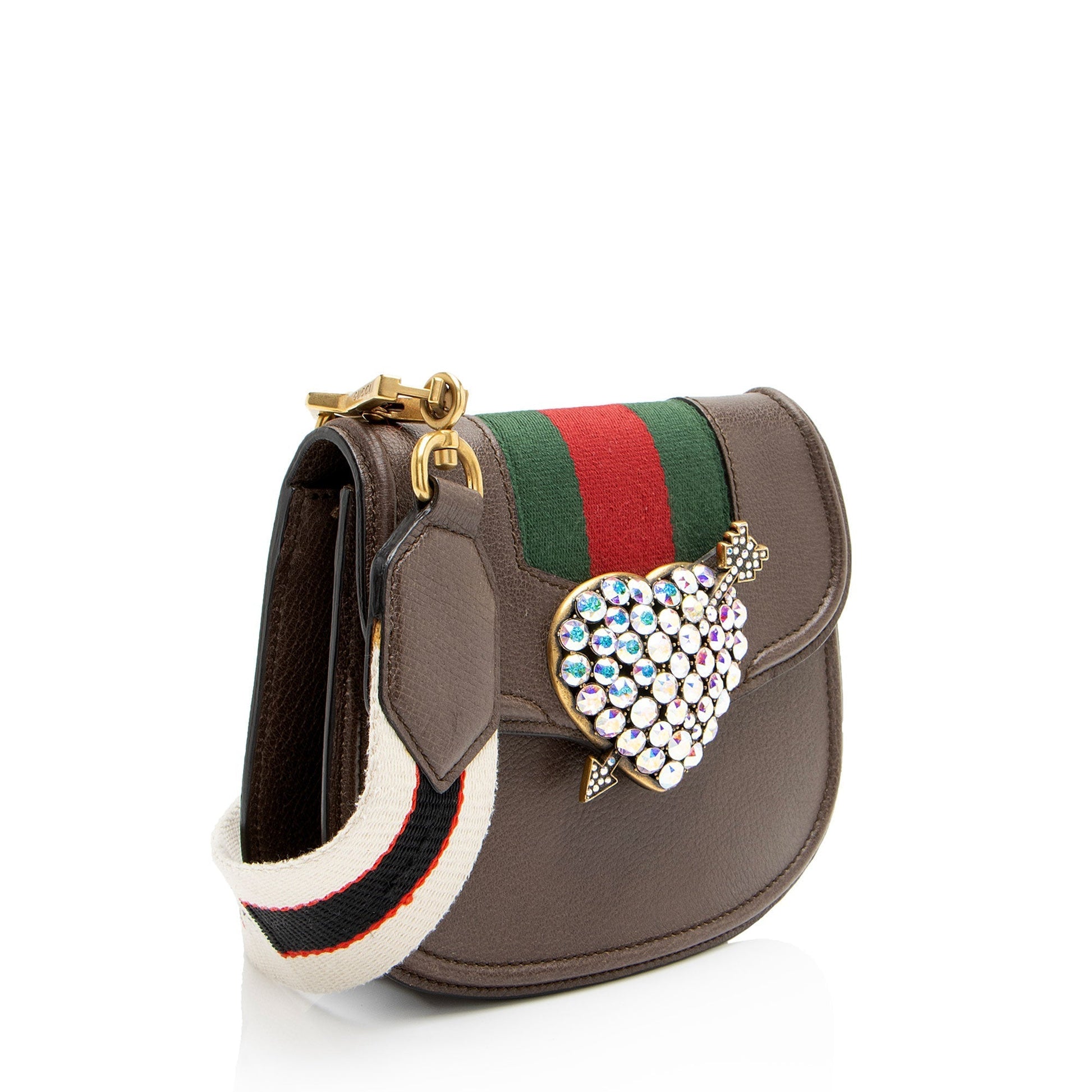 Gucci Crystal Heart Linea Totem Leather Nylon Brown Small Crossbody Bag