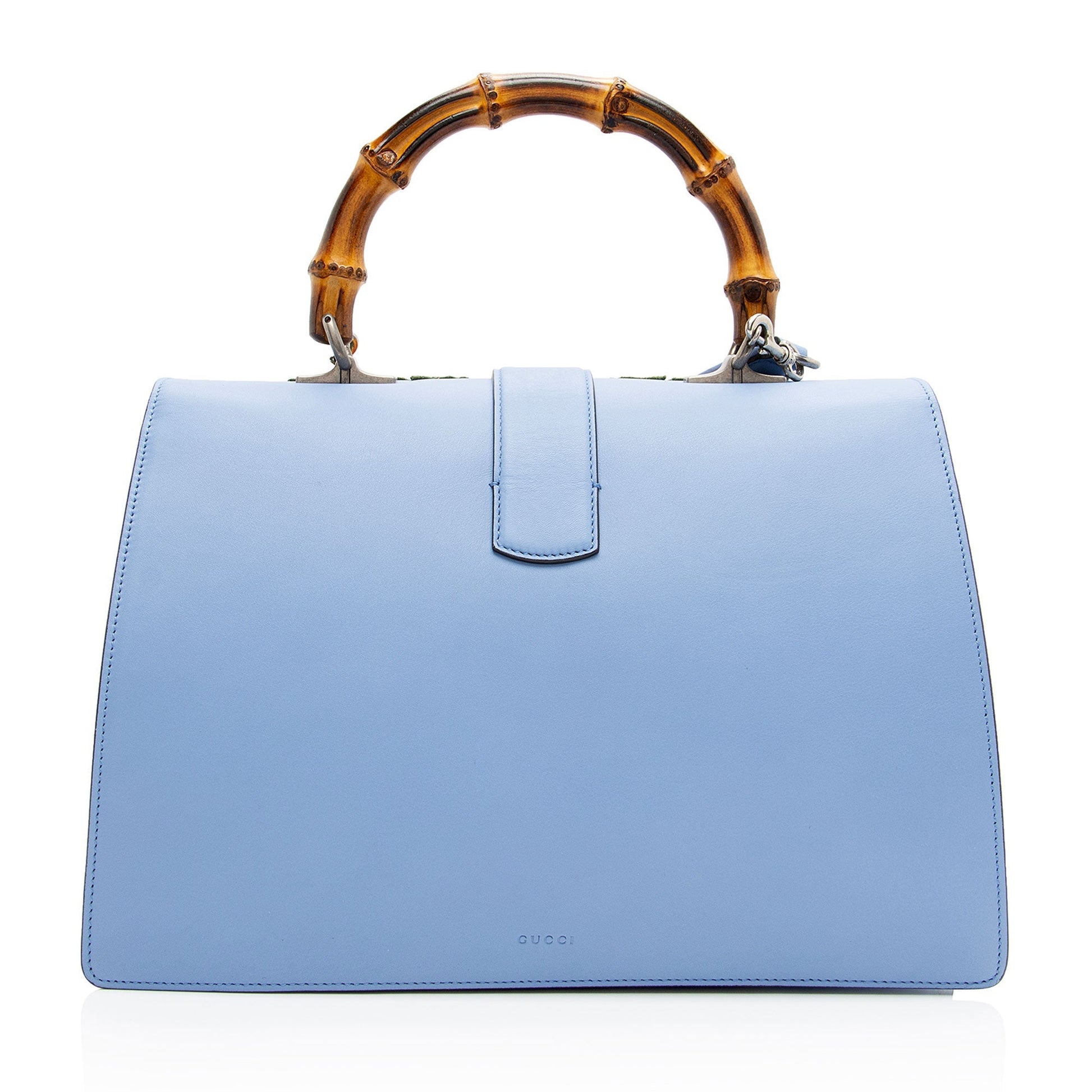 Gucci Embroidered Bamboo Dionysus Top Handle Leather Nylon Blue Large Satchel Bag