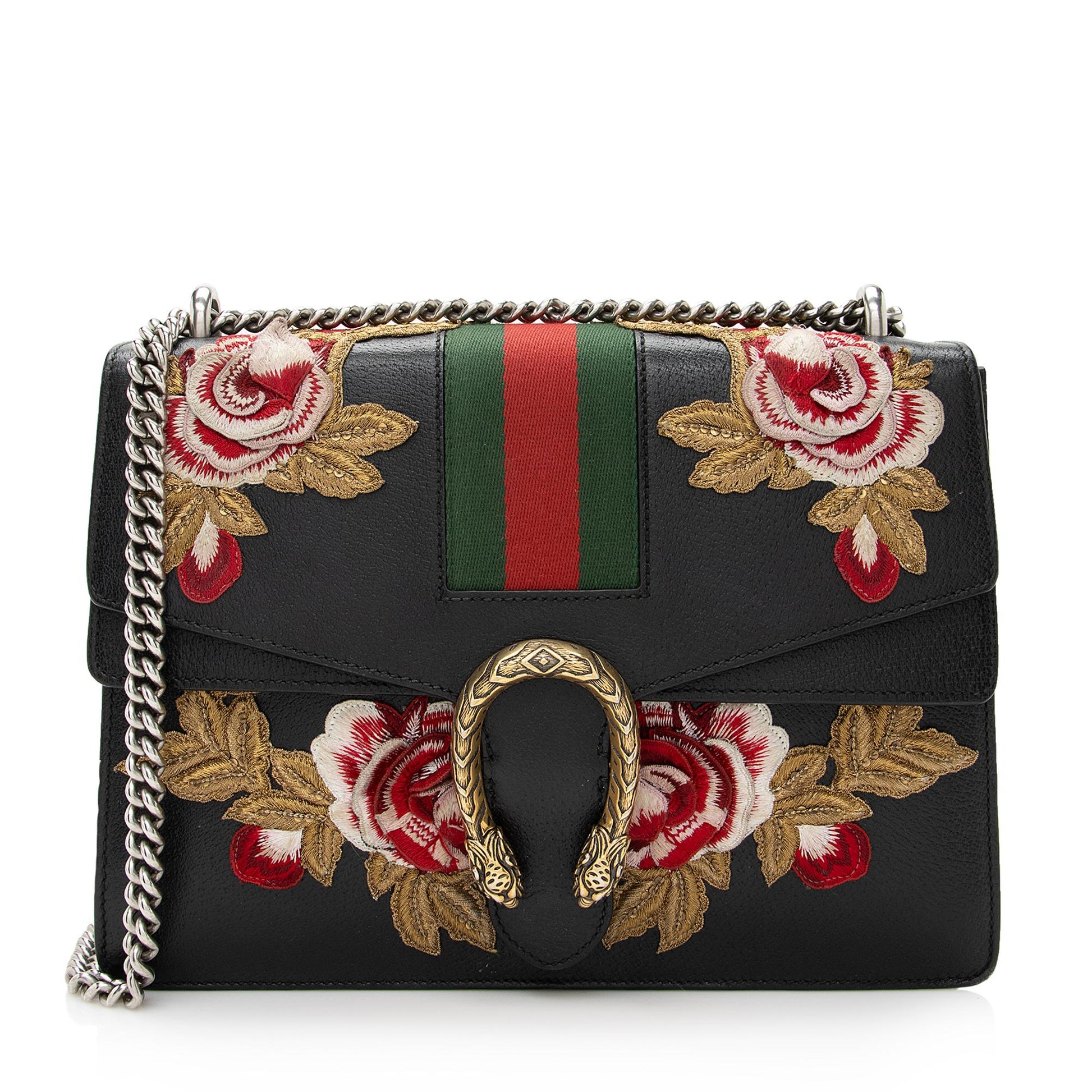 Gucci Embroidered Rose Dionysus SHF Leather Black Green Shoulder Bag
