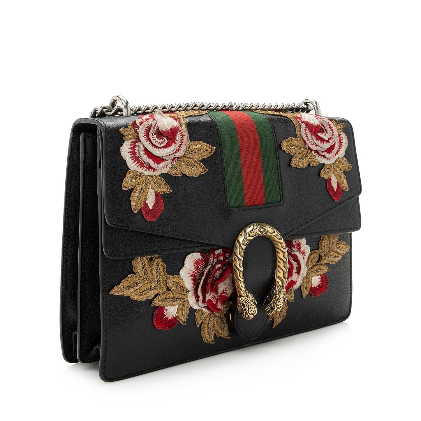 Gucci Embroidered Rose Dionysus SHF Leather Black Green Shoulder Bag