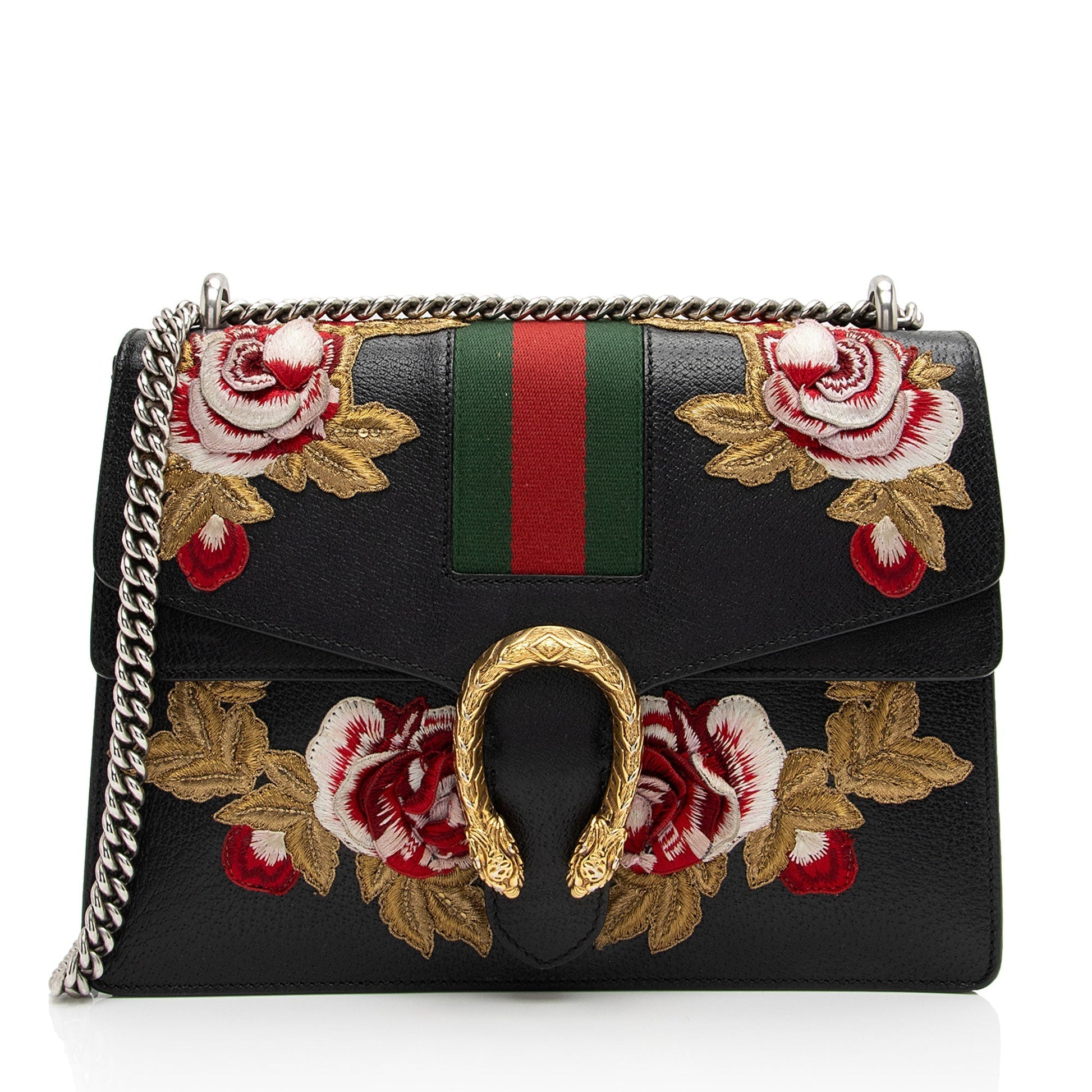 Gucci Embroidered Rose Dionysus SHF-sxhk6S Leather Black Green Shoulder Bag