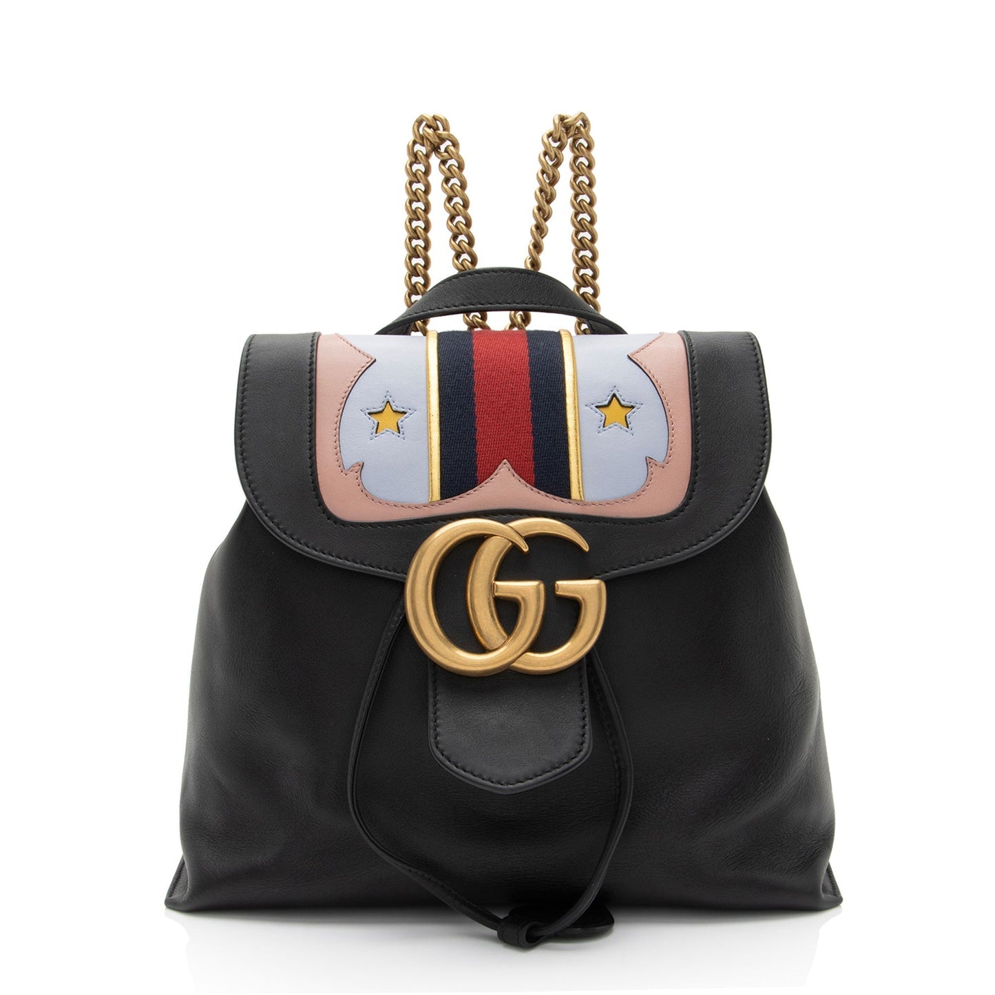 Gucci GG Marmont Web Flap Backpack Leather Nylon Black Chain Shoulder Bag Shf Eijj7M