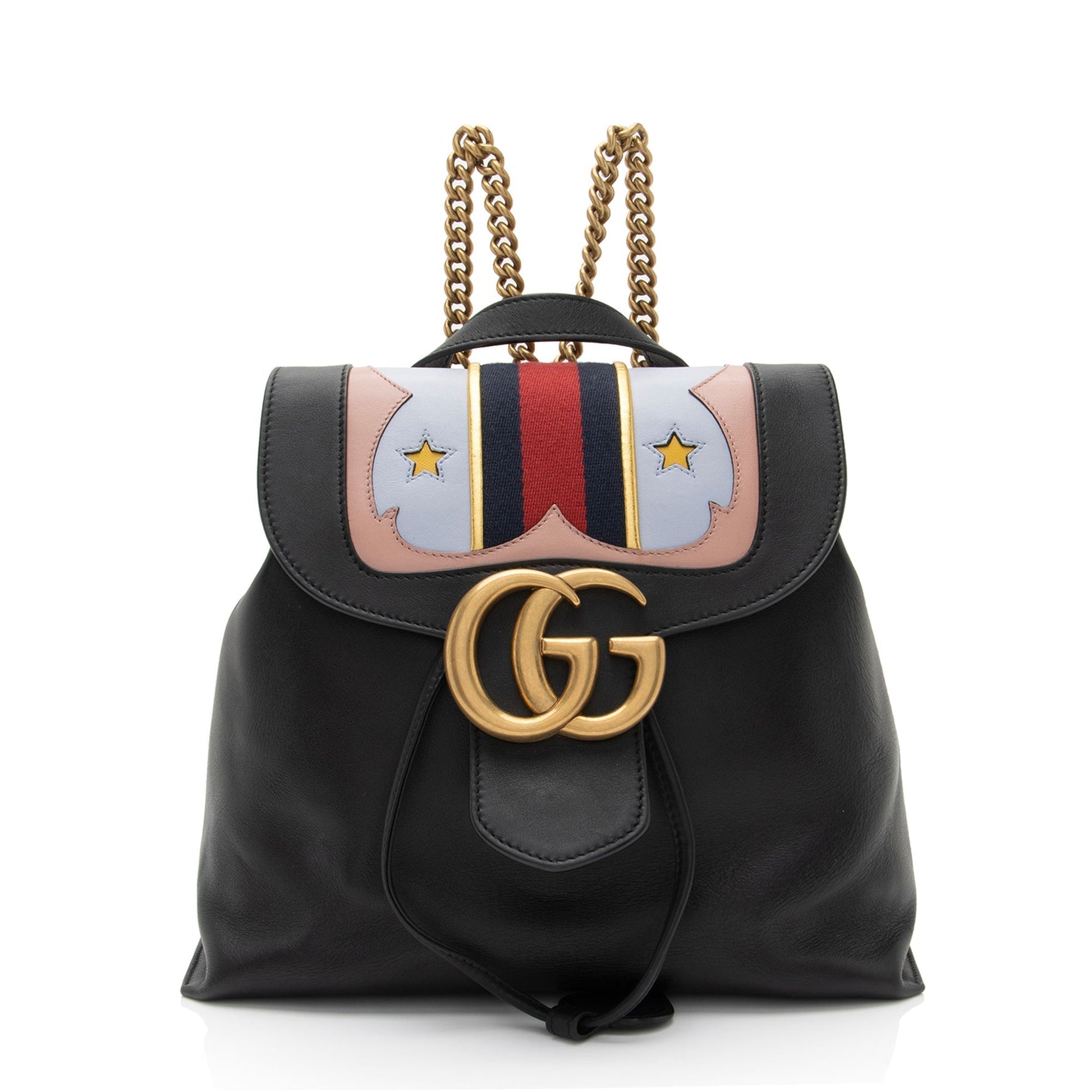 Gucci GG Marmont Web Flap Backpack Leather Nylon Black Chain Shoulder Bag Shf Eijj7M