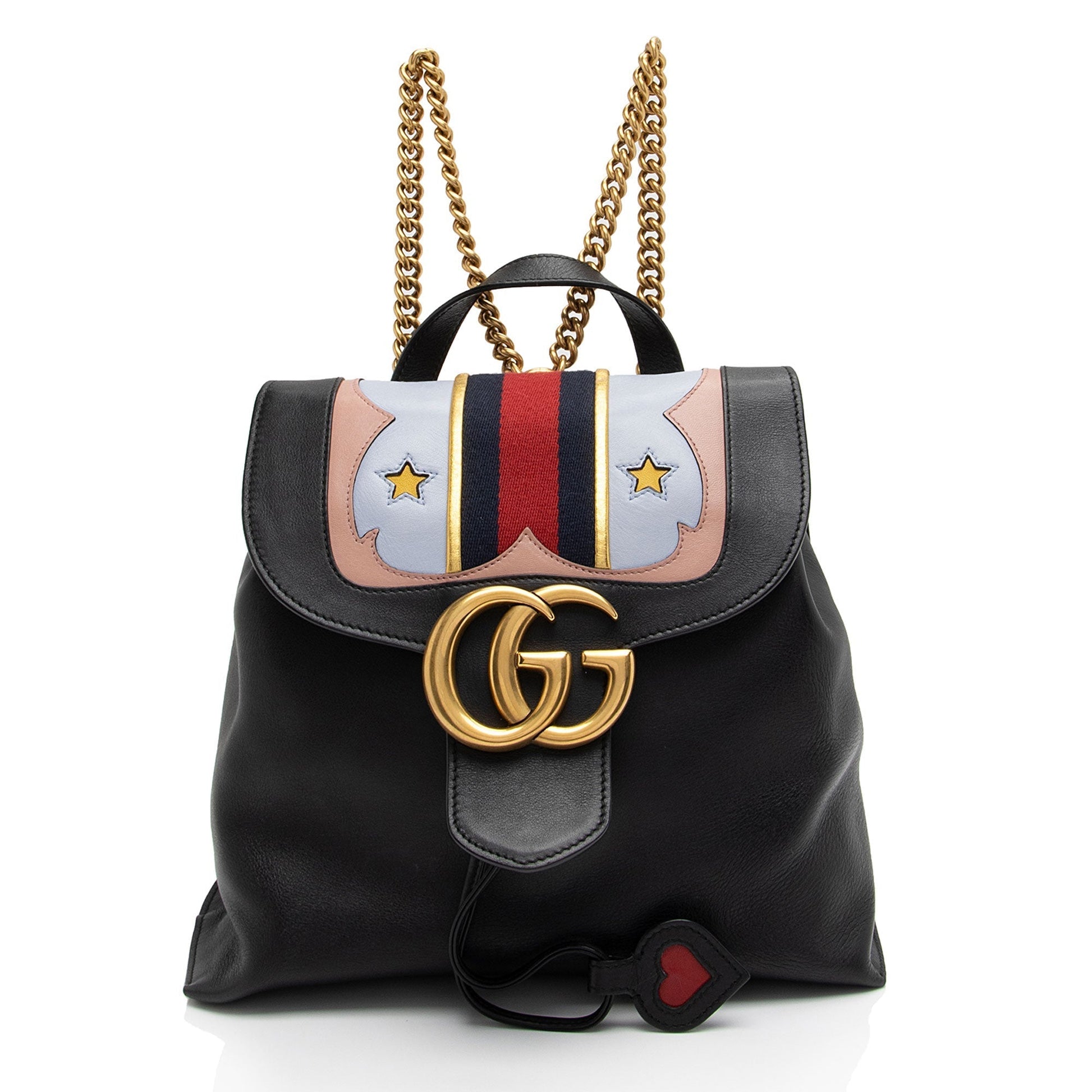 Gucci GG Marmont Web Flap Backpack Leather Nylon Black Chain Shoulder Bag