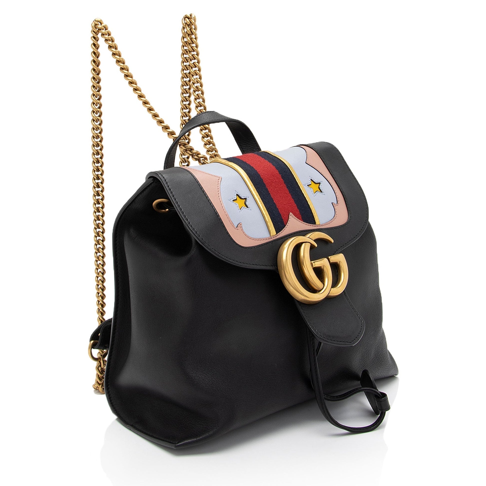 Gucci GG Marmont Web Flap Backpack Leather Nylon Black Chain Shoulder Bag