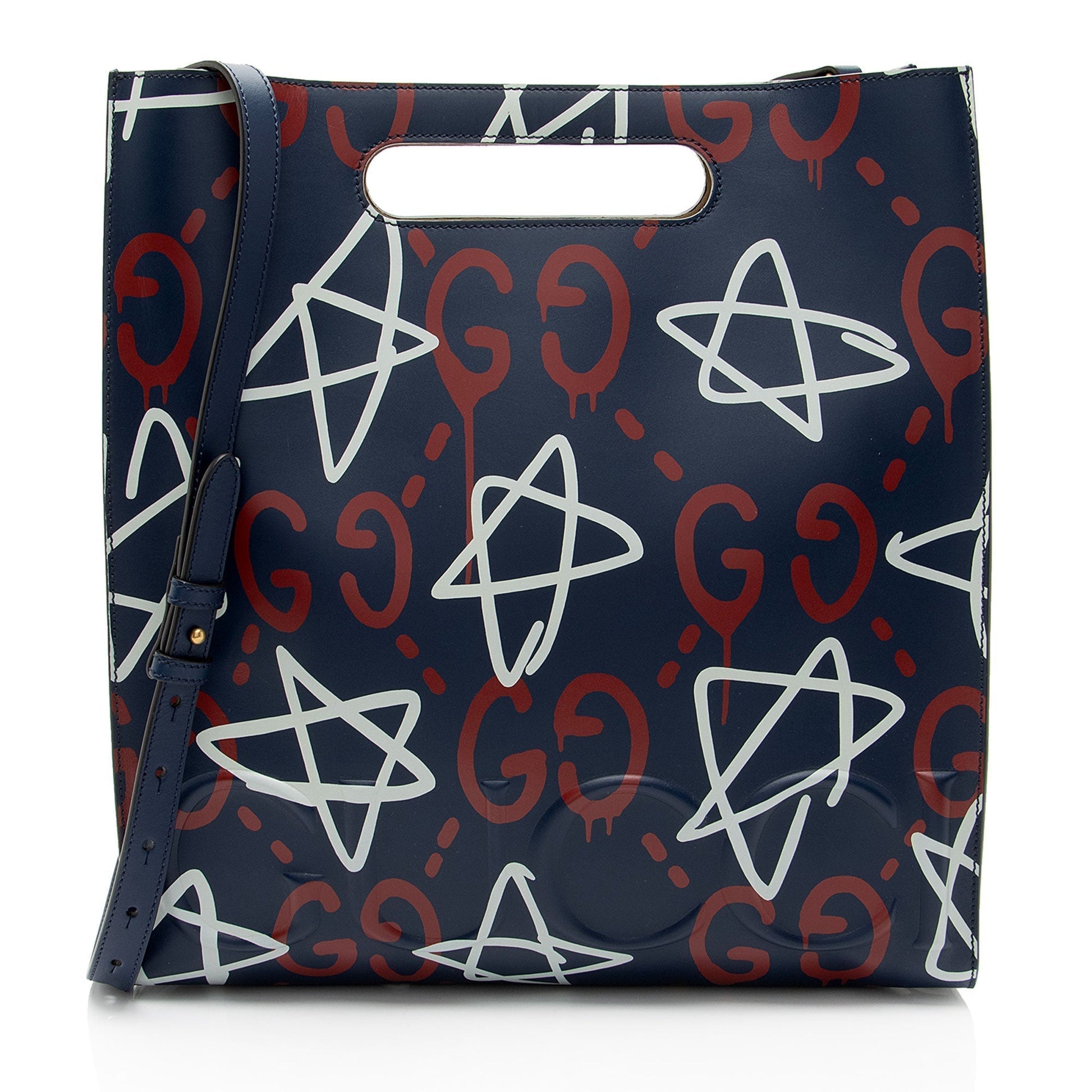 Gucci Ghost Leather White Blue Red Tote Bag Medium Tote