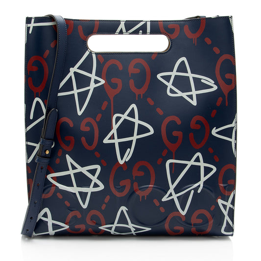 Gucci Ghost Leather White Blue Red Tote Bag Medium Tote