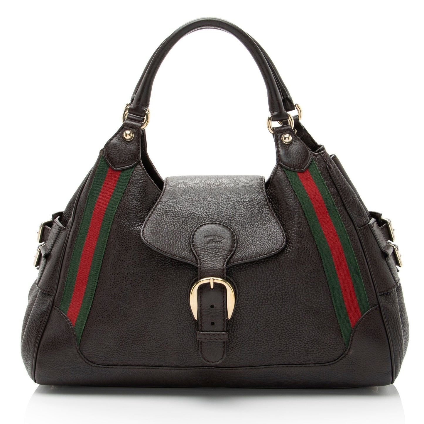 Gucci Heritage Web Buckle Leather Nylon Brown Medium Satchel Bag