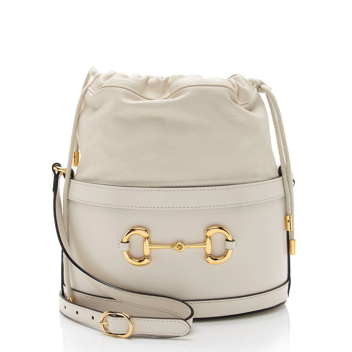 Gucci Horsebit Drawstring Leather Nylon White Bucket Jewelry
