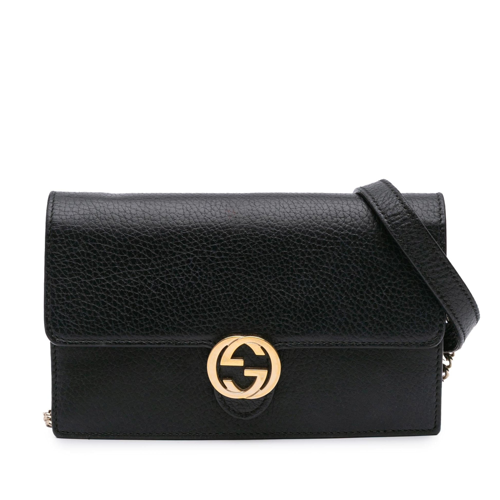 Gucci Interlocking G Dollar Wallet on Leather Calf Black Chain Crossbody Bag