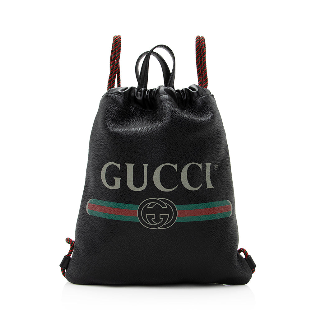 Gucci Drawstring Backpack SHF Leather Black Logo Jewelry