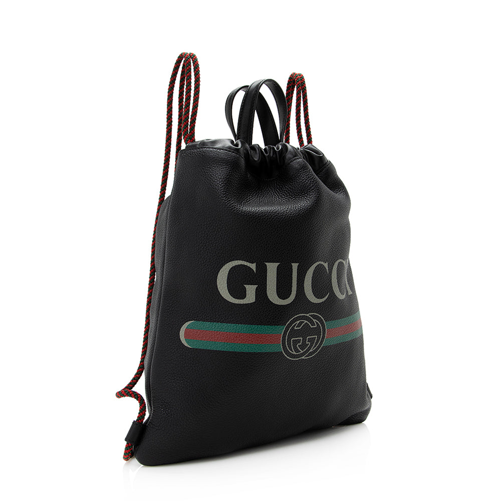 Gucci Drawstring Backpack SHF Leather Black Logo Jewelry