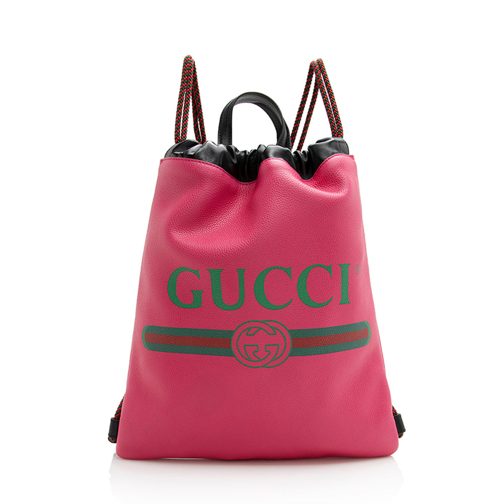 Gucci Drawstring Backpack SHF Leather Nylon Pink Logo Jewelry