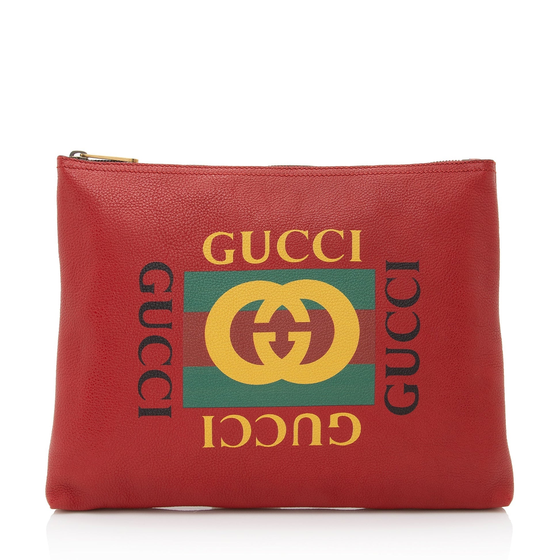 Gucci Zip Pouch SHF Leather Red Logo Clutch Bag