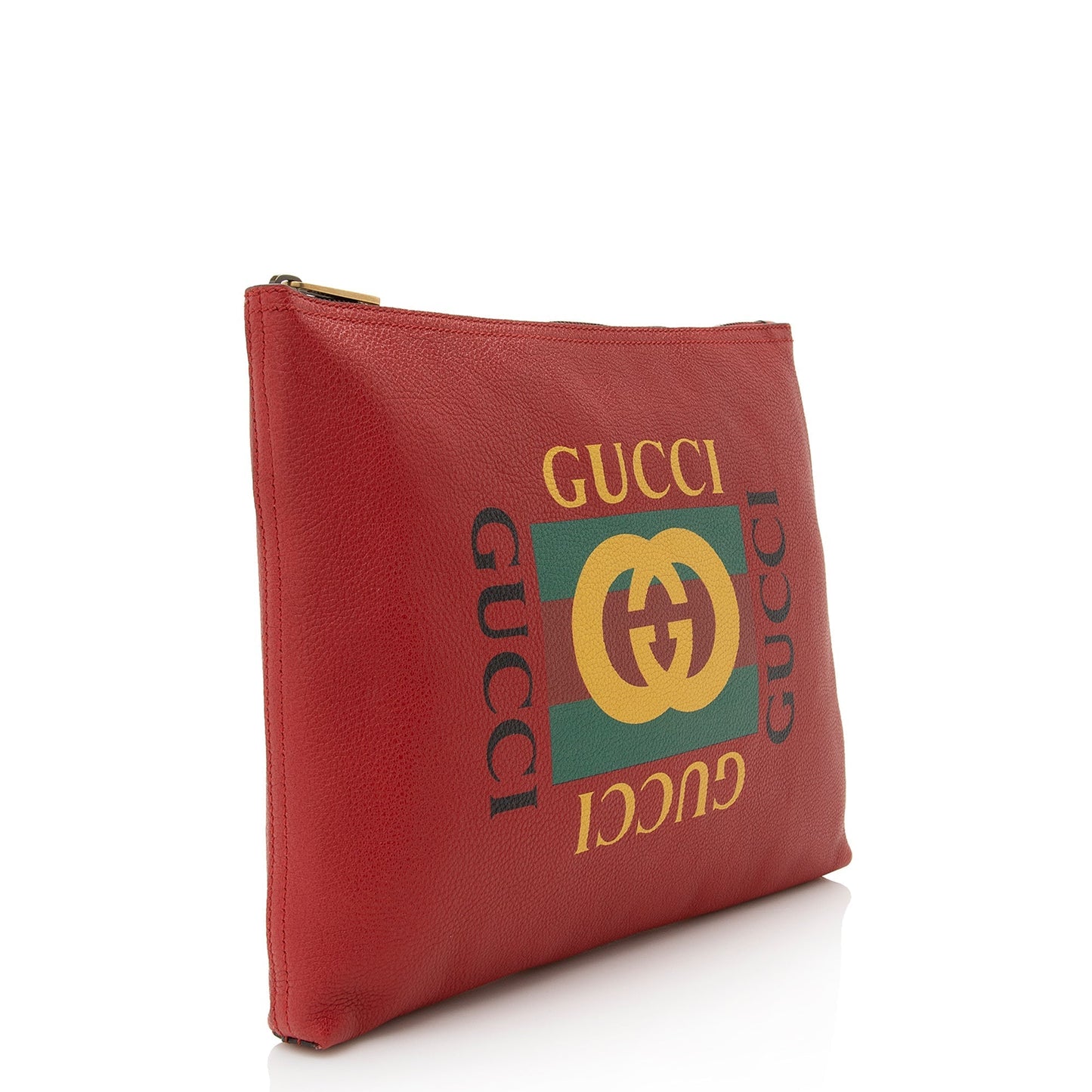 Gucci Zip Pouch SHF Leather Red Logo Clutch Bag