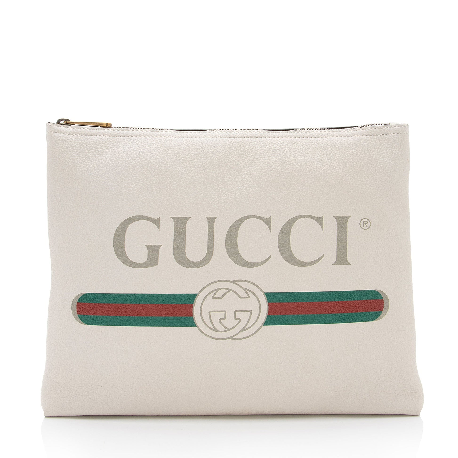 Gucci Zip Pouch SHF-voC0bh Leather White Logo Clutch Bag