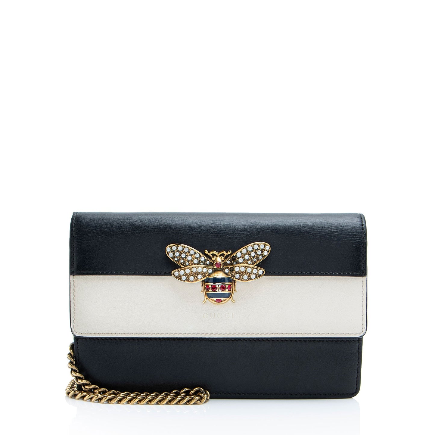 Gucci Queen Margaret Wallet on Leather Black White Chain Crossbody Bag
