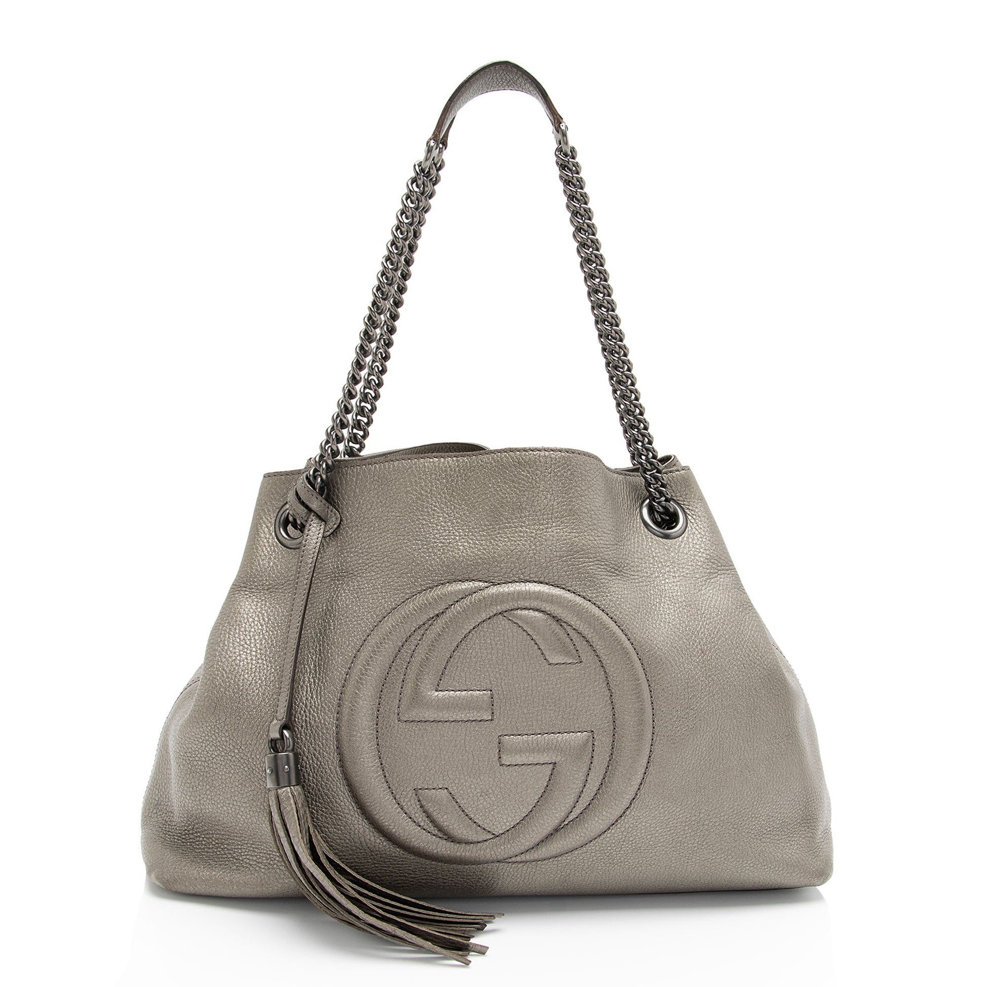 Gucci Metallic Soho Leather Silver Grey Medium Shoulder Bag