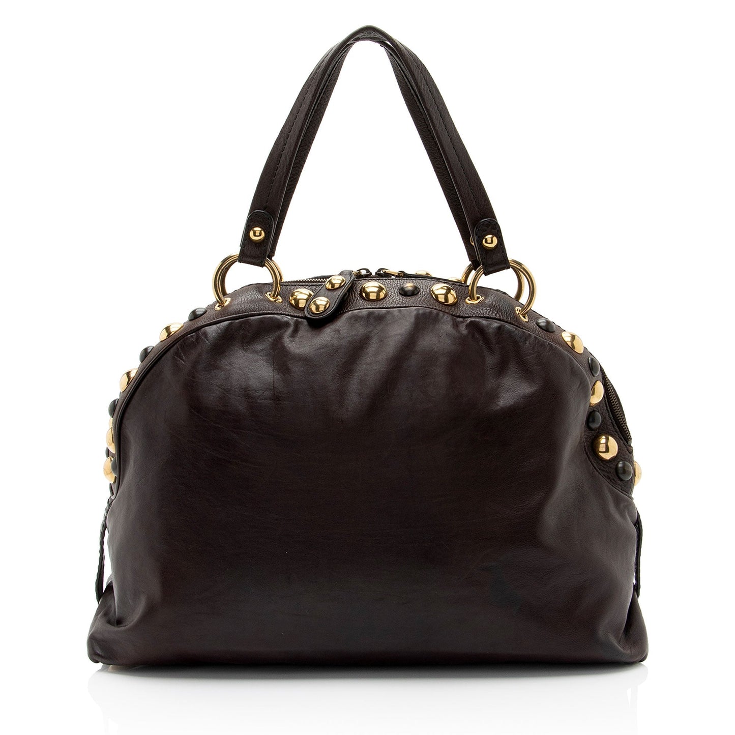 Gucci Studded Babouska Dome Leather Brown Satchel Bag