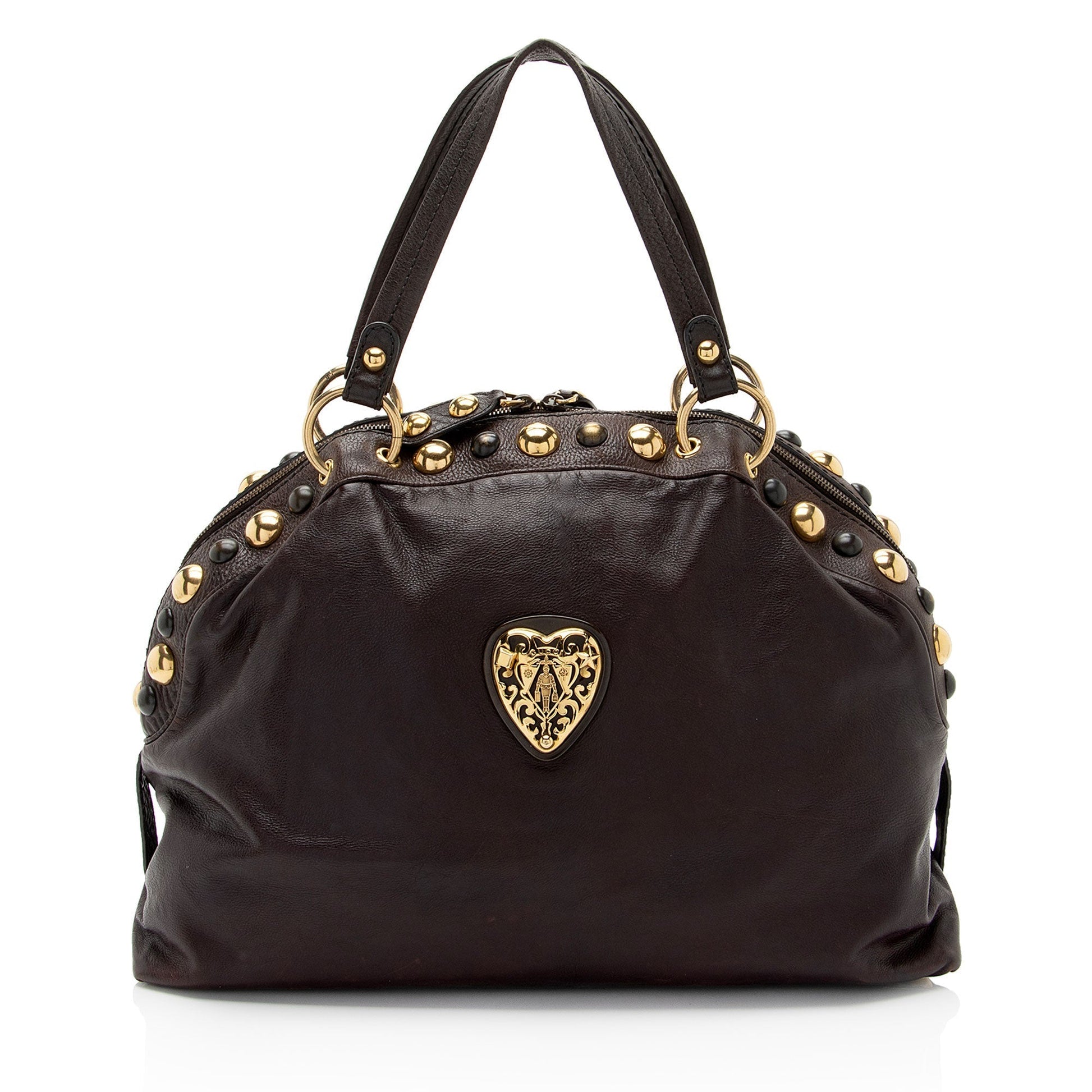 Gucci Studded Babouska Dome Leather Brown Satchel Bag