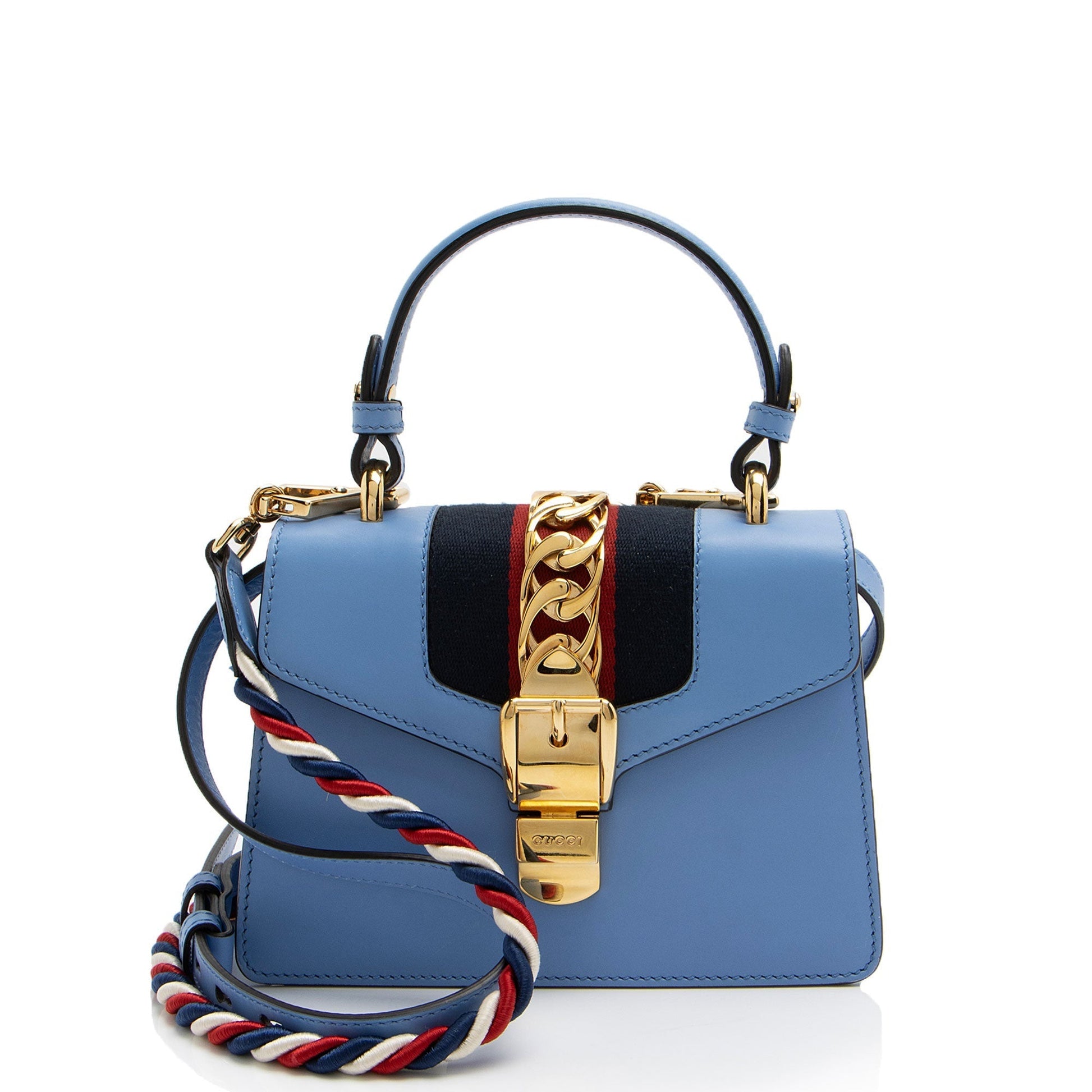 Gucci Sylvie Top Handle Leather Nylon Blue Mini Satchel Bag