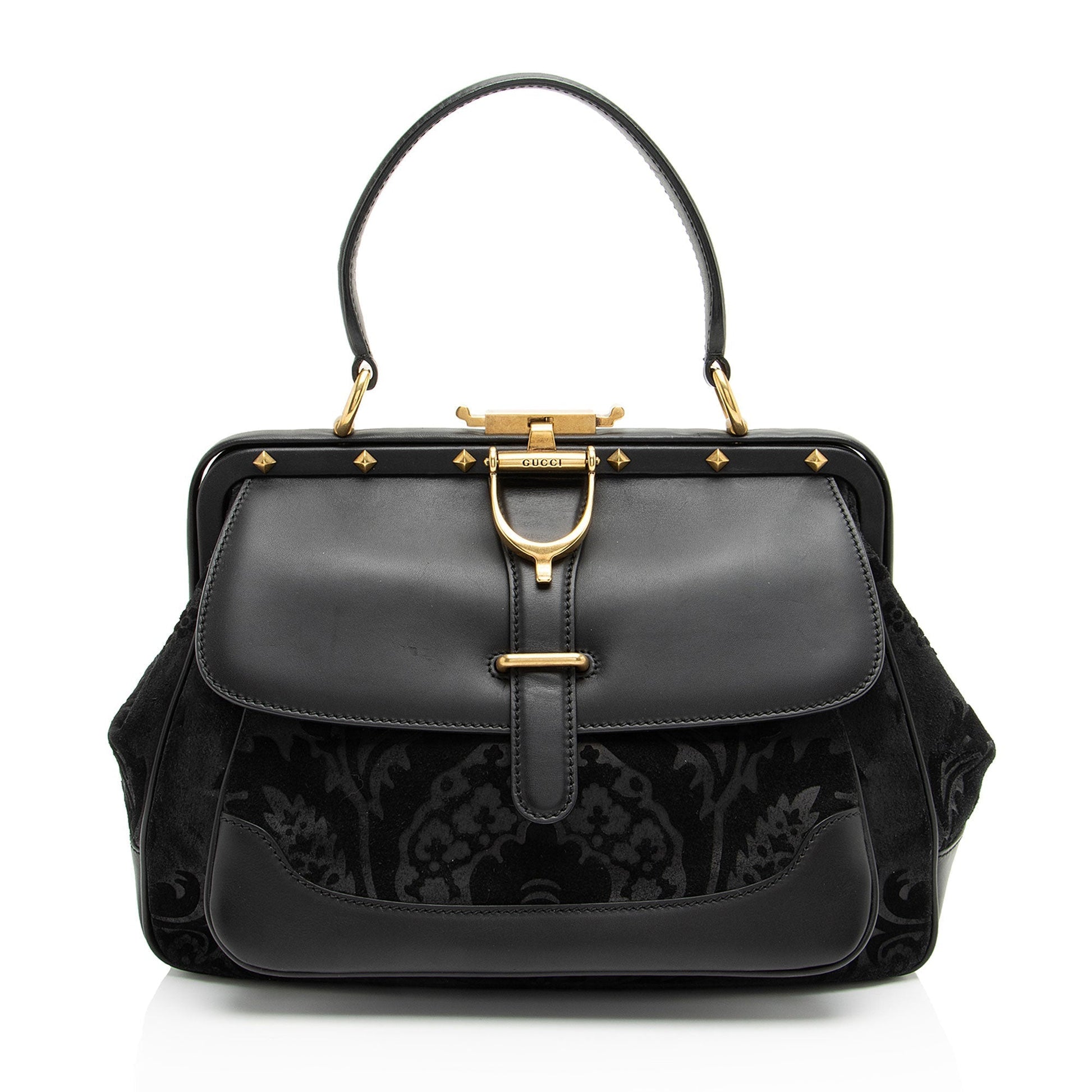 Gucci Velvet Lady Stirrup Leather Black Top Handle Satchel Bag