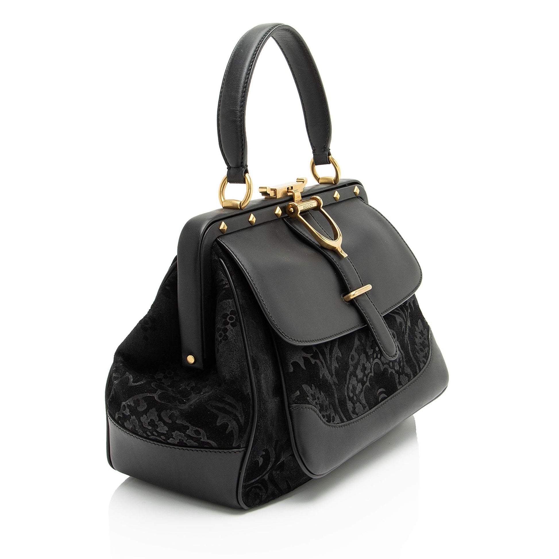 Gucci Velvet Lady Stirrup Leather Black Top Handle Satchel Bag