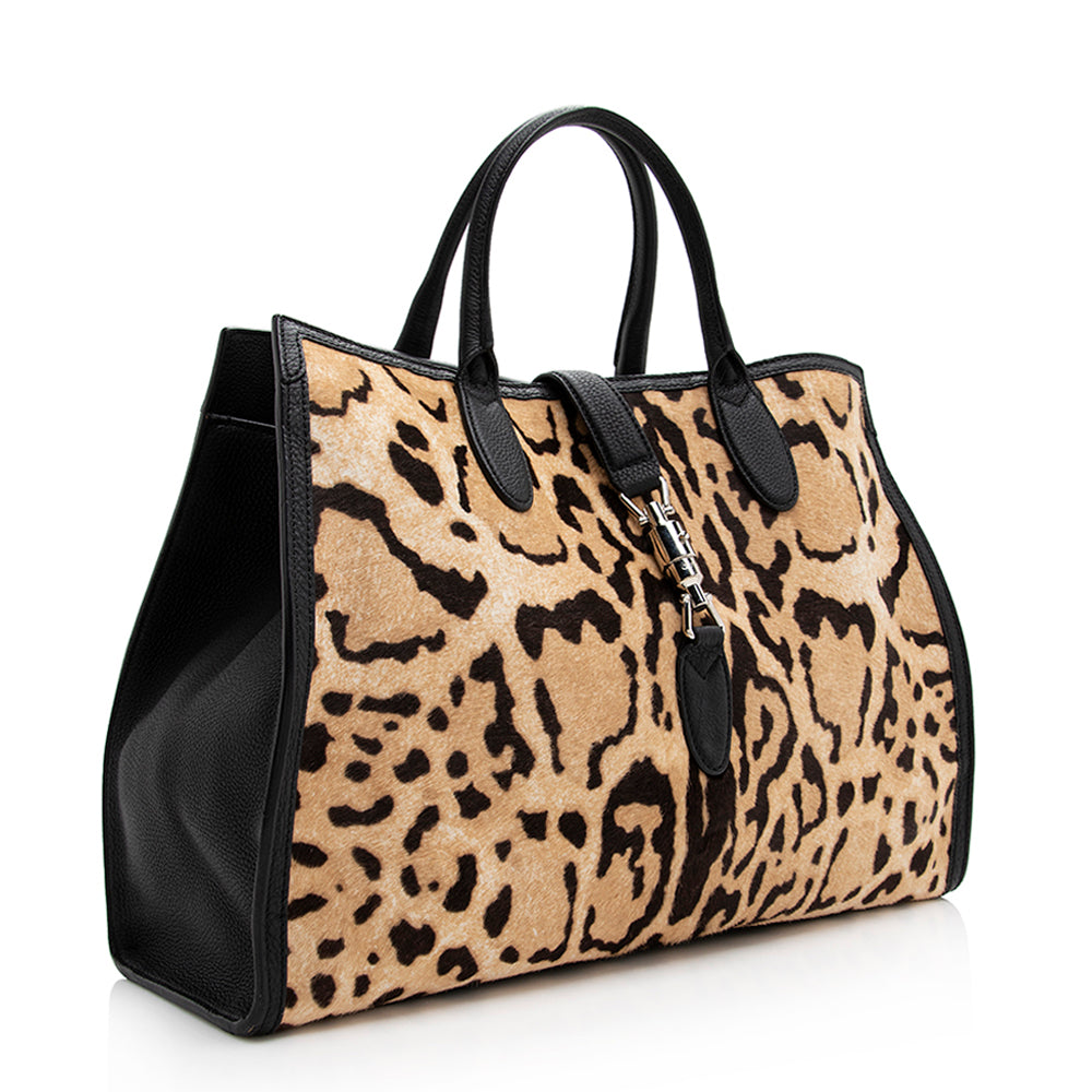 Gucci Leopard Hair Jackie SHF Leather Calf Black Beige Tote Bag