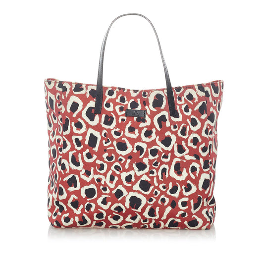Gucci Leopard Printed SHG Nylon Red Tote Bag