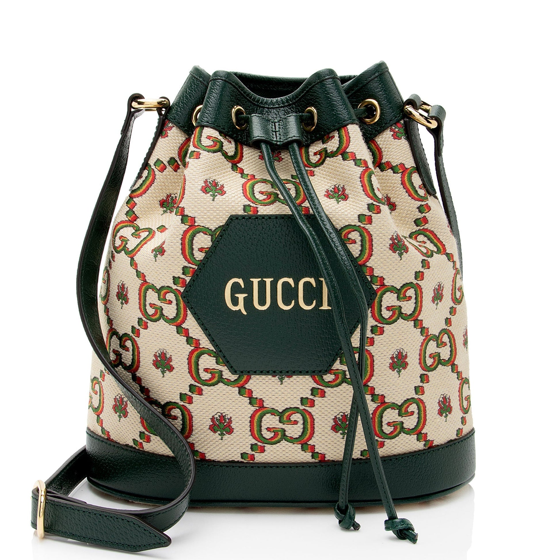 Gucci Limited Edition GG 100 Bucket Leather Canvas Beige Green Crossbody Bag