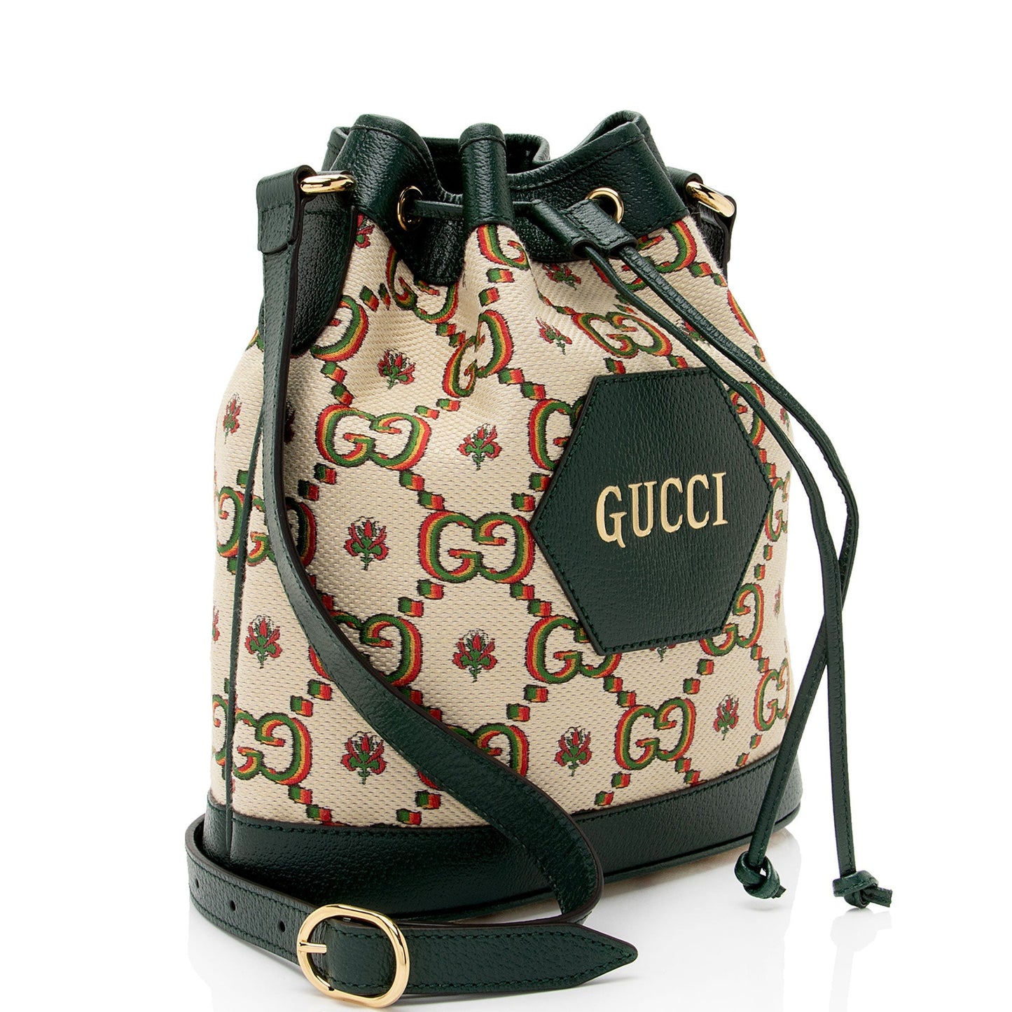 Gucci Limited Edition GG 100 Bucket Leather Canvas Beige Green Crossbody Bag